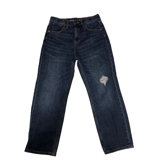 Old Navy High Rise Slouchy Straight Jeans Girls Size 12 Dark Wash Blue Distress - Picture 1 of 8